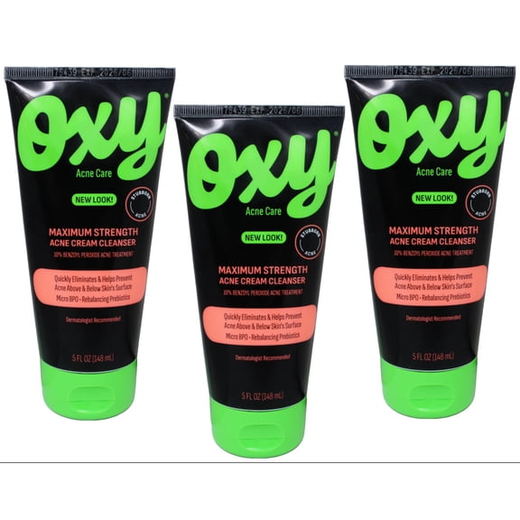 Oxy Maximum Strength Acne Cream Cleanser 10% Benzoyl Peroxide Acne Treatment 5 oz (Pack of 3)
