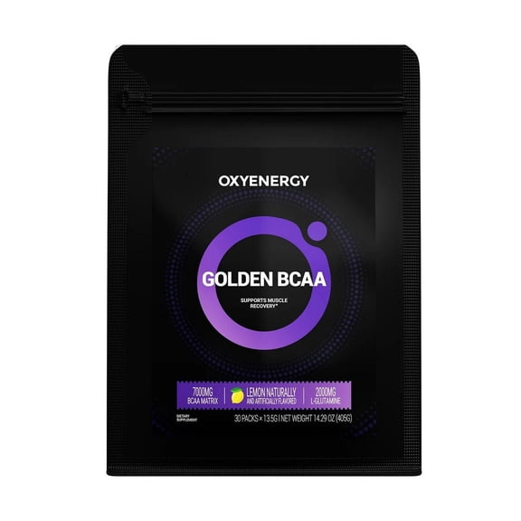 OxyEnergy GOLDEN BCAA 2:1:1 Recovery Supplement with L-Glutamine, Taurine & Vitamin B6, 7 Strips/Bag