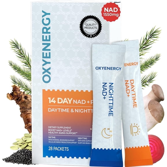 OxyEnergy NAD Supplement 1550mg, Day & Night Dual Formula with Nicotinamide Riboside, Resveratrol & PQQ, 28 Packets