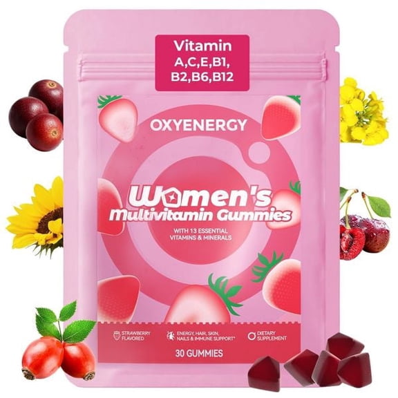 OxyEnergy Womens Multivitamin Gummies, Daily Energy & Immune Support with B Vitamins, Zinc & Selenium, 30 Count