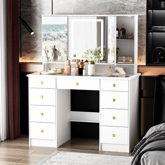 OxyLife Modern Adult Vanity Table Set with Glass Top, Mirror, LED Lights and 9 Drawers