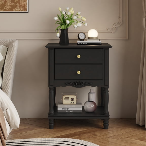 OxyLife Nightstand with 2 Drawers, Bottom Shelf & Carve Pattern, Modern Wooden Night Stand Bedside Table for Bedroom Living Room,Black