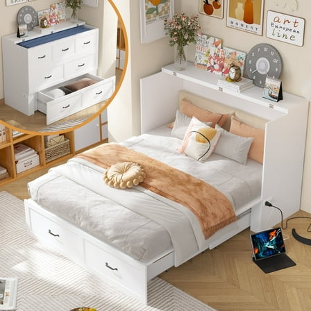 OxyLife Queen MDF Murpy Bed with Drawer and USB Charging Station, White