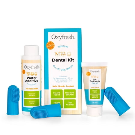 Oxyfresh Premium Pet Dental Kit, Easy Dog & Cat Fresh Breath & Teeth Cleaning Solution, Vet Formulated Toothpaste 1oz, Water Additive 3oz, & 3 Brushes