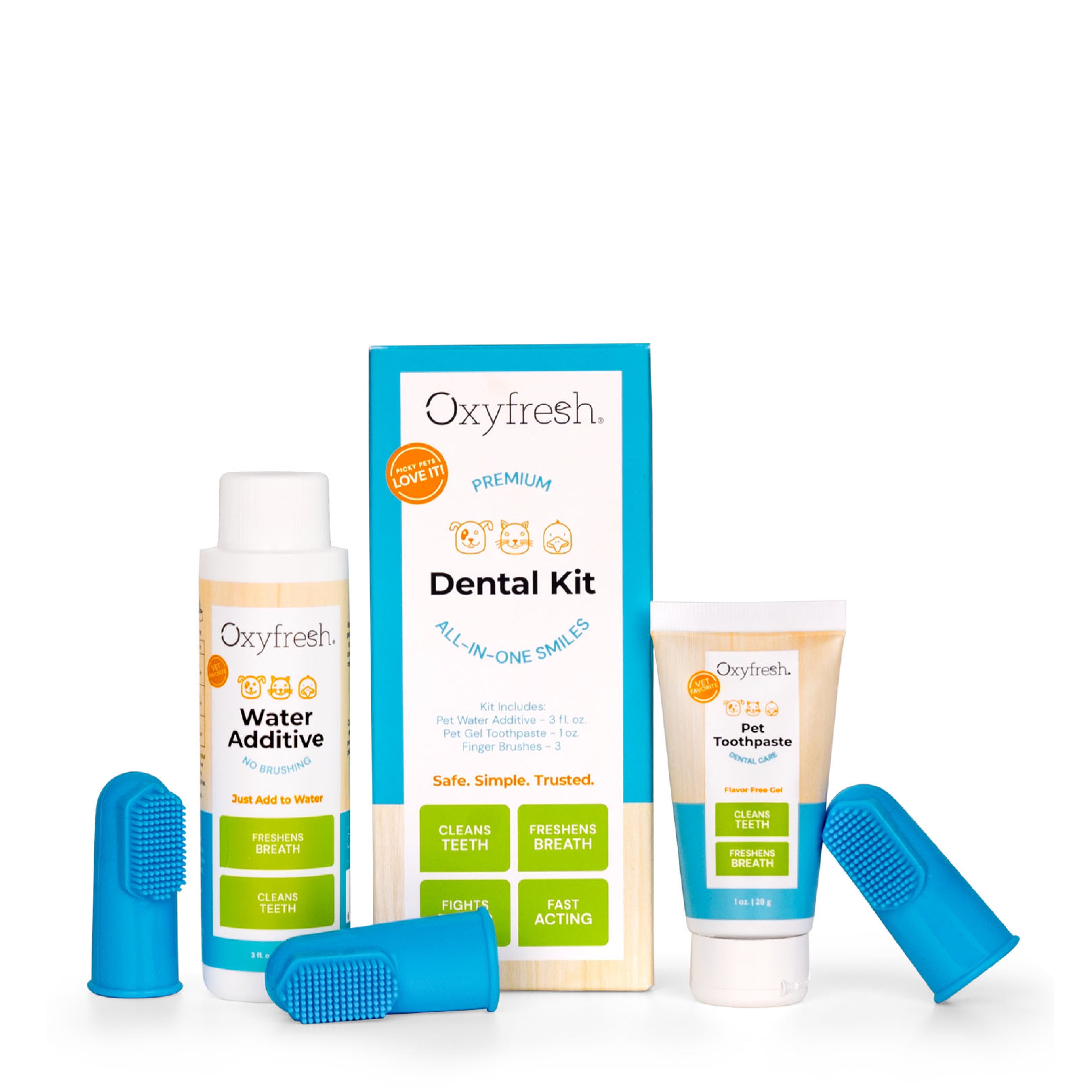 Oxyfresh Premium Pet Dental Kit for Dogs & Cats, Easy Solution for Fresh Breath & Teeth Cleaning, Control Plaque & Tartar, Vet Formulated Toothpaste 1oz, Water Additive 3oz, and 3 Brushes