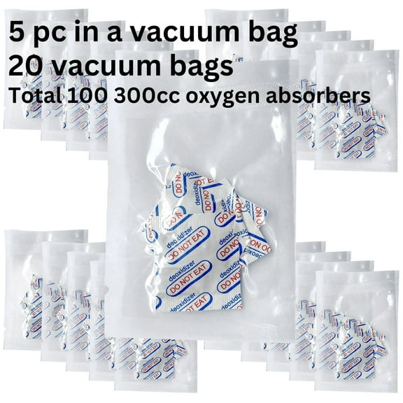 Oxygen Absorbers For Food Storage 300cc ( 5 pcs in Vacuum Sealed Bag x 20, Total 100 Packets ) O2 Absorbers Food Grade Oxygen Absorbers Oxygen Packets For Food Storage Oxygen Remover Absorb Observers