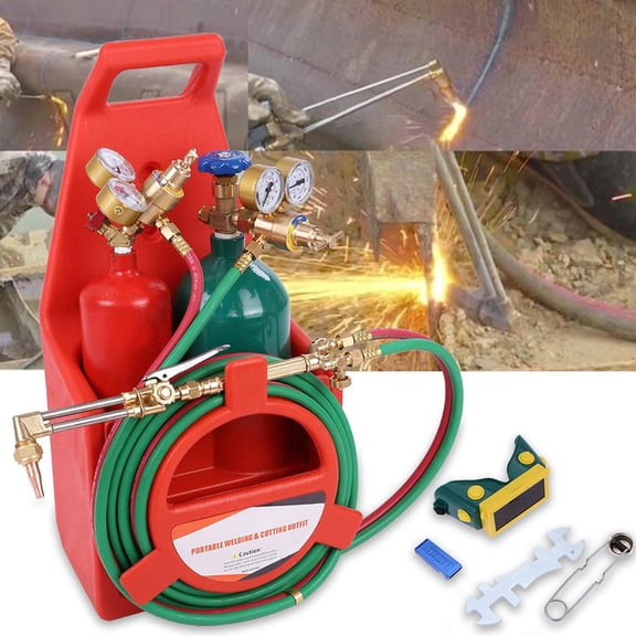 Oxygen Acetylene Cutting Welding Torch Kit, 4L+2L Gas Tanks, Brass Torch Assembly, CGA540 CGA200 Regulators, for Air Conditioning Repair, 25 x 13 x 10 Inch