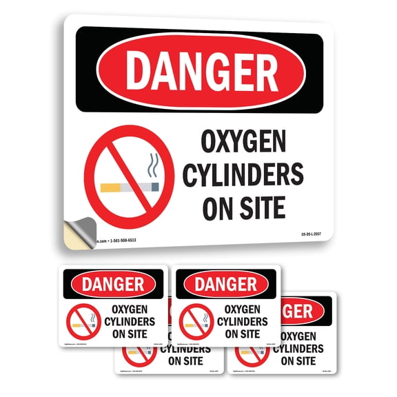 Oxygen Cylinders On Site OSHA Danger Vinyl Decal Label 7 Inch x 5 Inch - 5 Pack