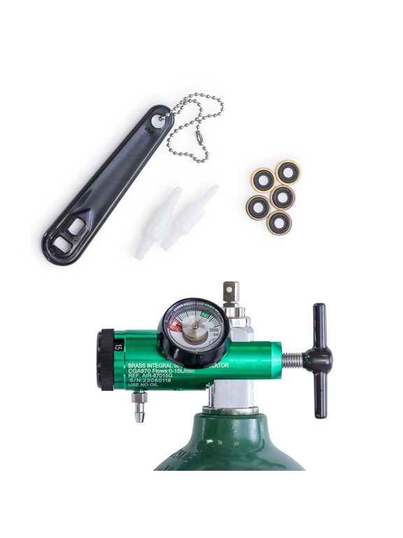 Oxygen Regulator 0-15LPM, CGA-870 Gauge Flow Rate Includes Wrench Key, 5 Brass Yoke Washer Seals, and 2 Oxygen Tubing Swivel Connectors - Ergonomic Handle Design Green