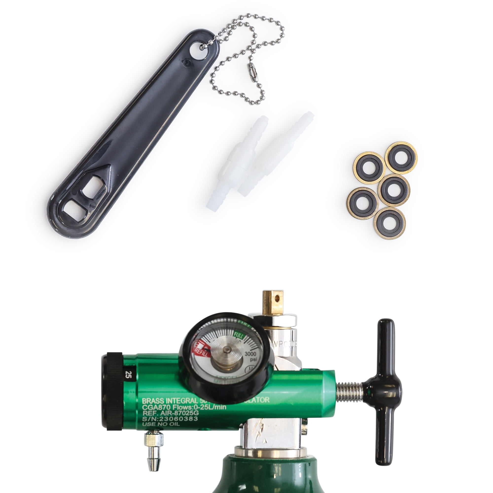 Oxygen Regulator 0-25LPM, CGA-870 Gauge Flow Rate  Includes Wrench Key, 5 Brass Yoke Washer Seals, and 2 Oxygen Tubing Swivel Connectors - Ergonomic Handle Design - Green