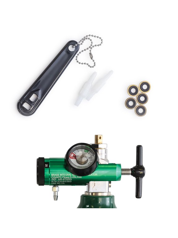 Oxygen Regulator 0-25LPM, CGA-870 Gauge Flow Rate Includes Wrench Key, 5 Brass Yoke Washer Seals, and 2 Oxygen Tubing Swivel Connectors - Ergonomic Handle Design - Green