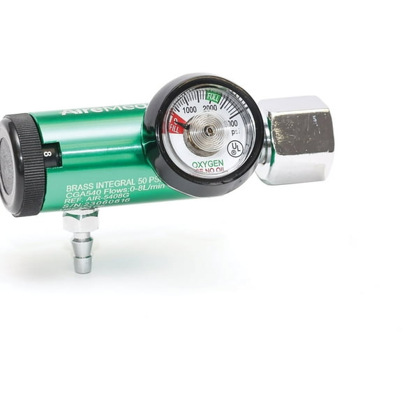 Oxygen Regulator 0-8LPM, CGA-540 Gauge Brass Sleeve - 12 Preset Flow Settings - Dependable Oxygen Regulator Green