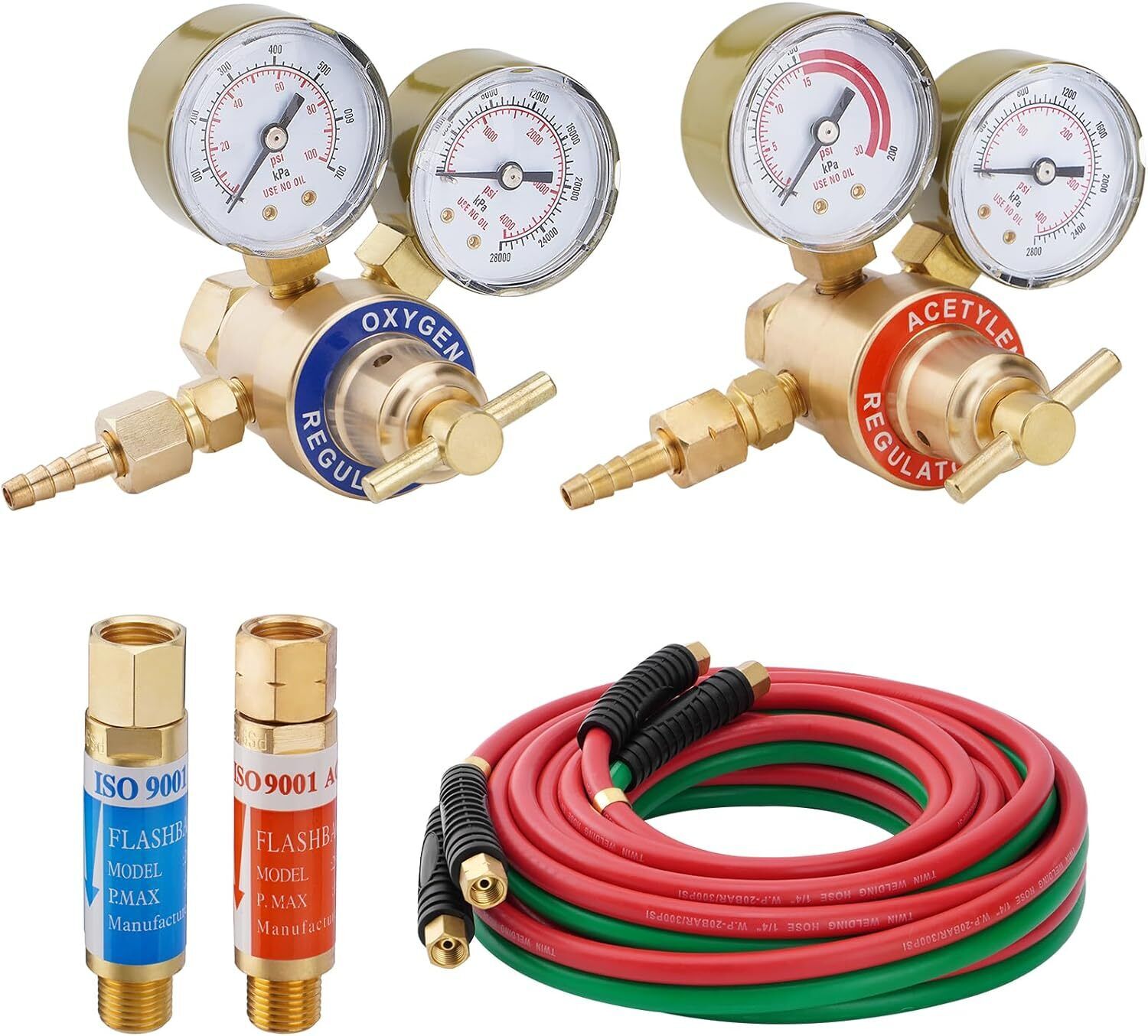 Oxygen and Acetylene Regulator Set 1/4"×25Ft Hose + 2x Welding Gas