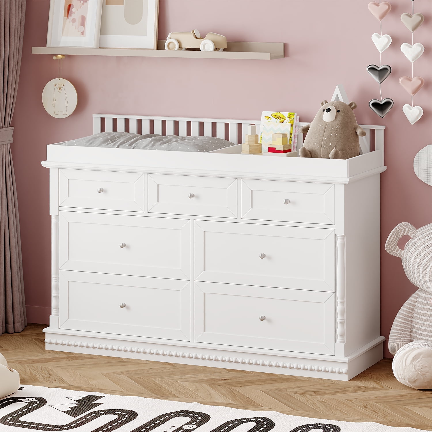 Oxylife Baby Dresser with Changing Table Top for Nursery with 7 Storage  Drawers for Kids Bedroom,White