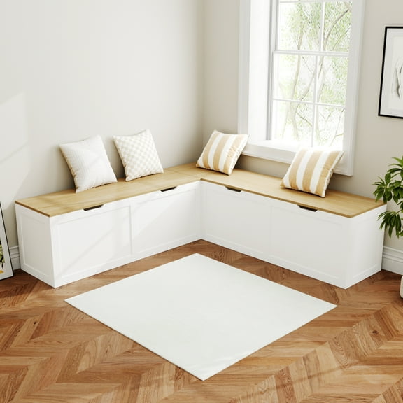 Oxylife Casual Wood Corner Dining Breakfast, L Shape Kitchen Corner Nook Bench Seating with Storage, White and Oak, 63D x 63W x 17.7H