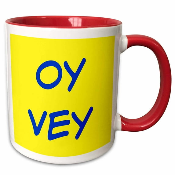 3drose, Oy Vey Blue Lettering on a Yellow Background, 11oz Two-tone Red Mug