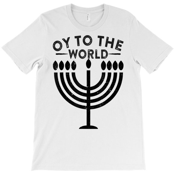 Oy to The World Menorah Jewish Humor Funny Hanukkah Themed Holiday Fun G34017 Unisex T-Shirt, Up to Size 5XL