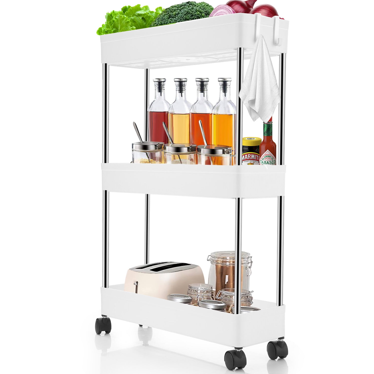 Oyajia 3-Tier Mobile Storage Cart with Lockable Wheels, Adjustable ...