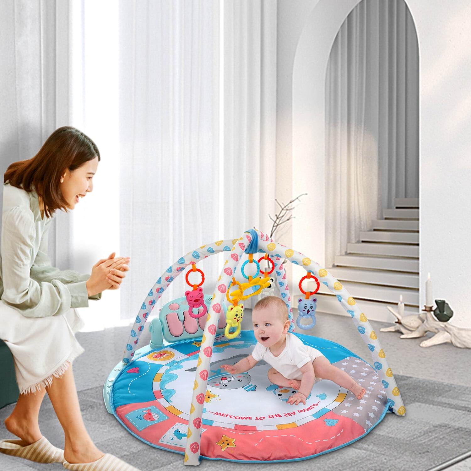 Oyajia Baby Play Mat, Activity Play Mat 5 in 1 Thick Plush Large Baby