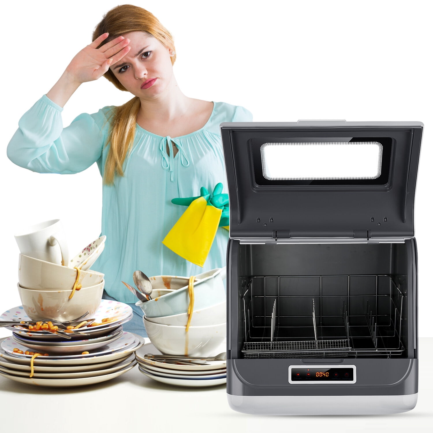 Oyajia Countertop Dishwasher, Portable Dishwasher, Dish Washer with Water Tank, 3 Wash Programs