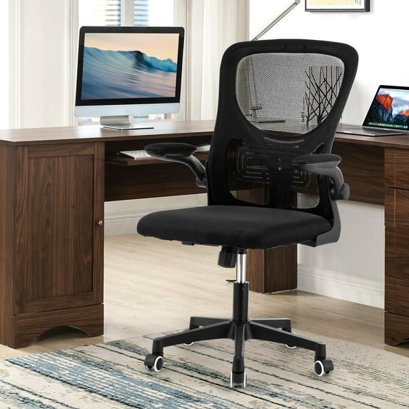Oyajia Office Chair, Comfort Home Office Task Chair, Lumbar Support Computer Chair with Flip-up Arms and Adjustable Height, Black