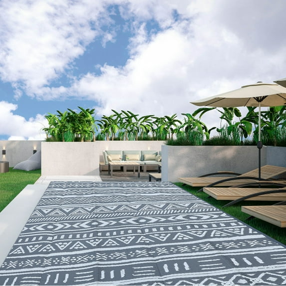 Oyajia Outdoor Rug Carpet with Carrying Bag for Patio RV Camping 6'x9' Waterproof Reversible Portable Plastic Straw Rug,Grey