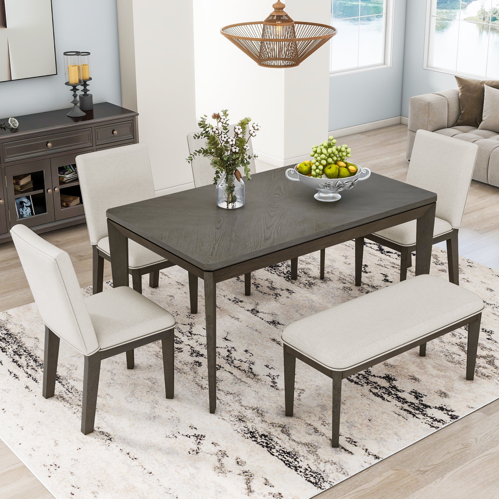 Oyang 6-Piece Dining Set with Bench, Upholstered Dining Chairs