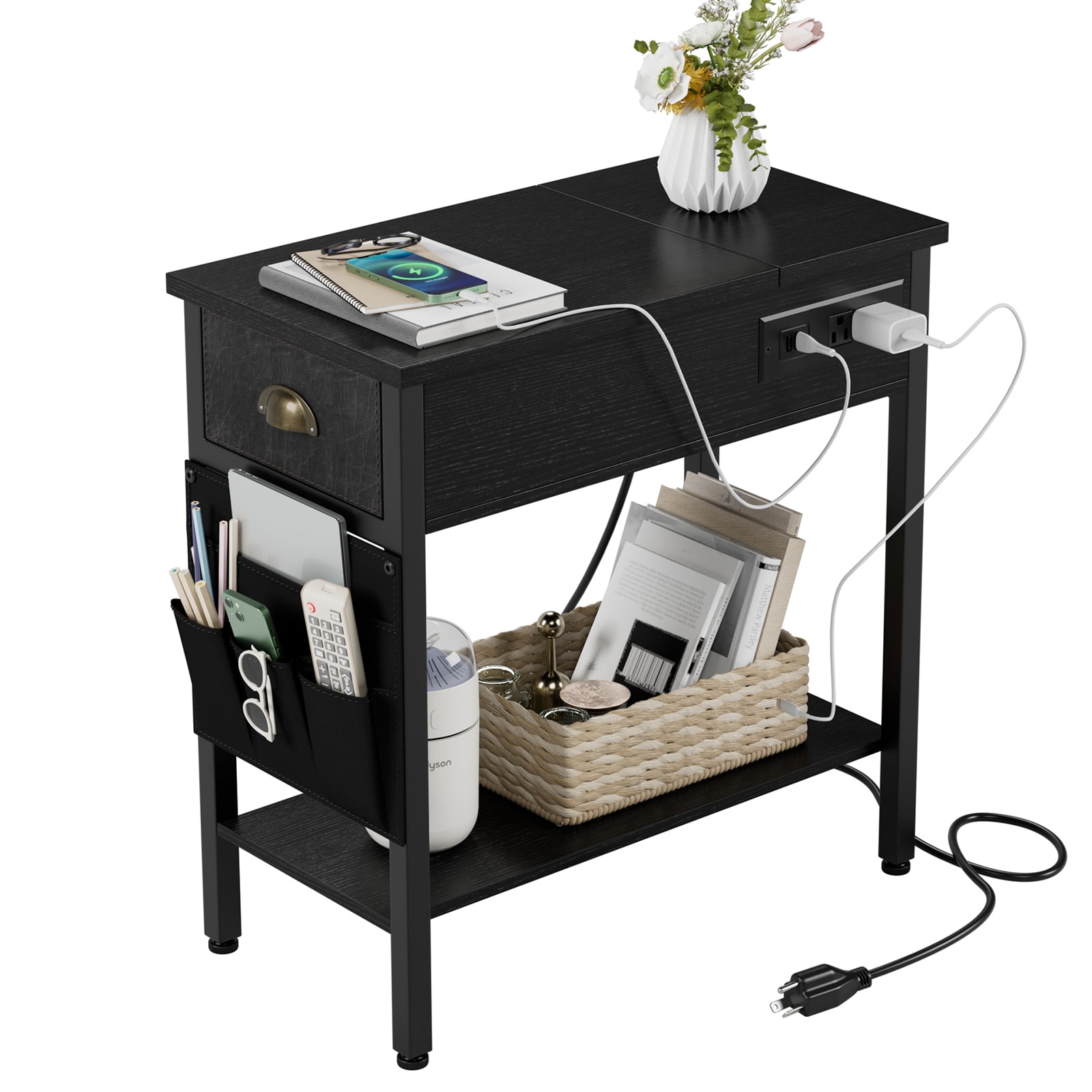 Oyang End Table with Charging Station, Side Table and Night Stand with