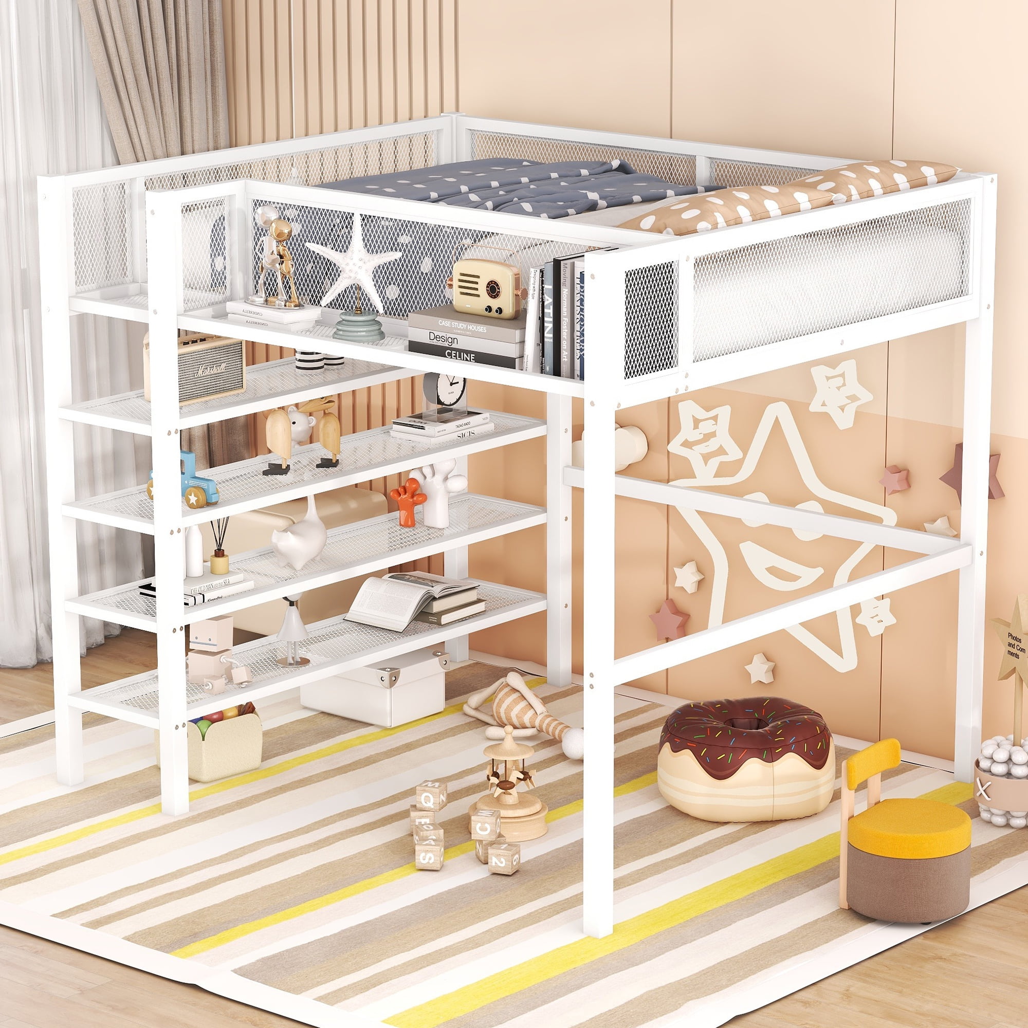 Oyang Full Size Metal Loft Bed with 4-Tier Shelves Storage Space ...