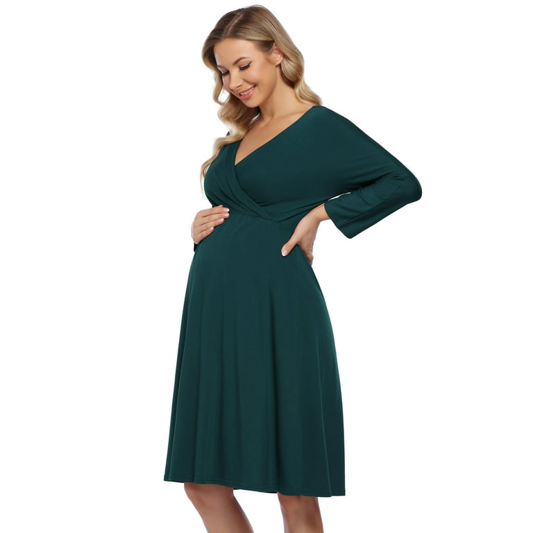 Oyang Maternity Dress Women's V-Neck A-Line Knee Length Wrap Dress