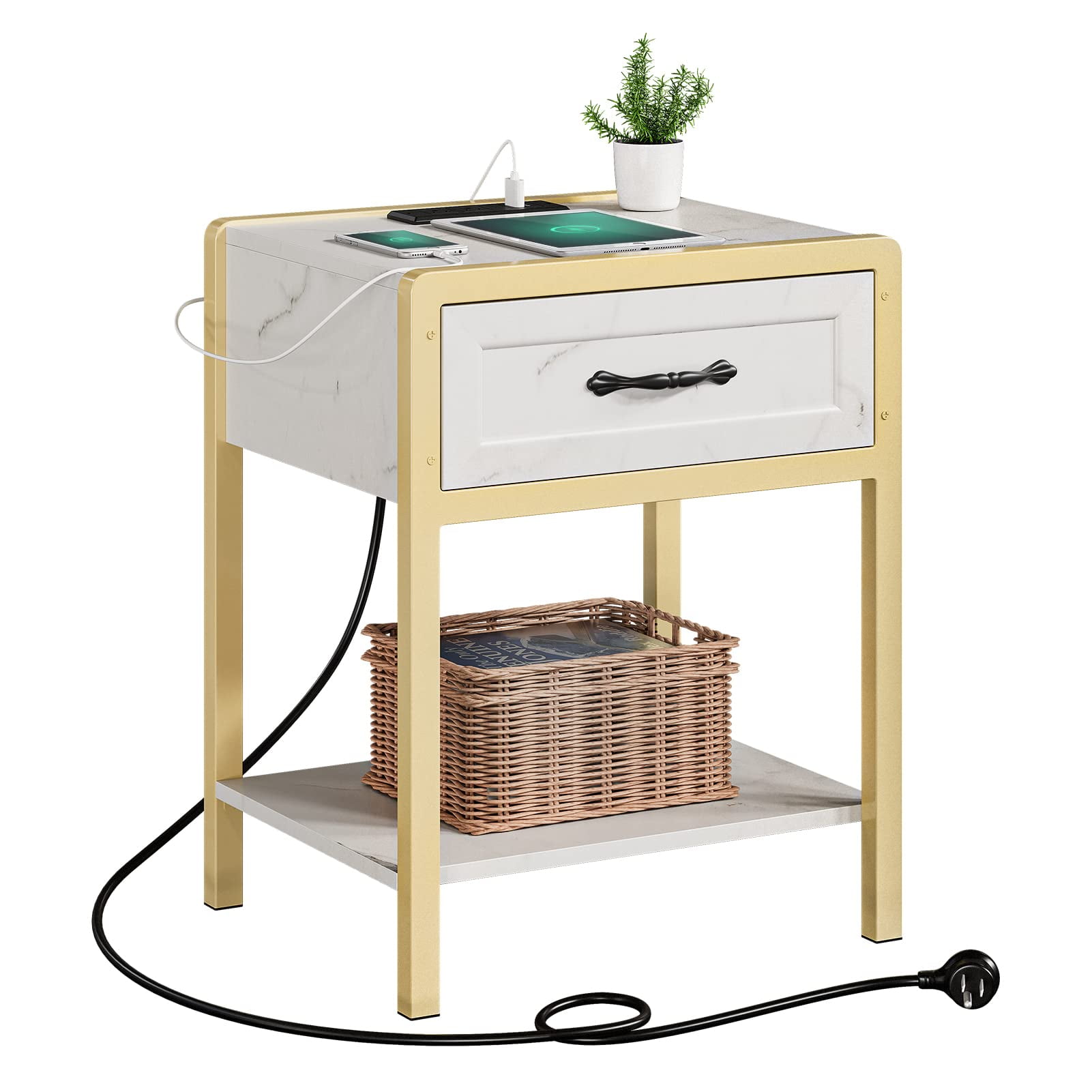 Oyang Nightstand with Charging Station and Storage Drawer, Bedside