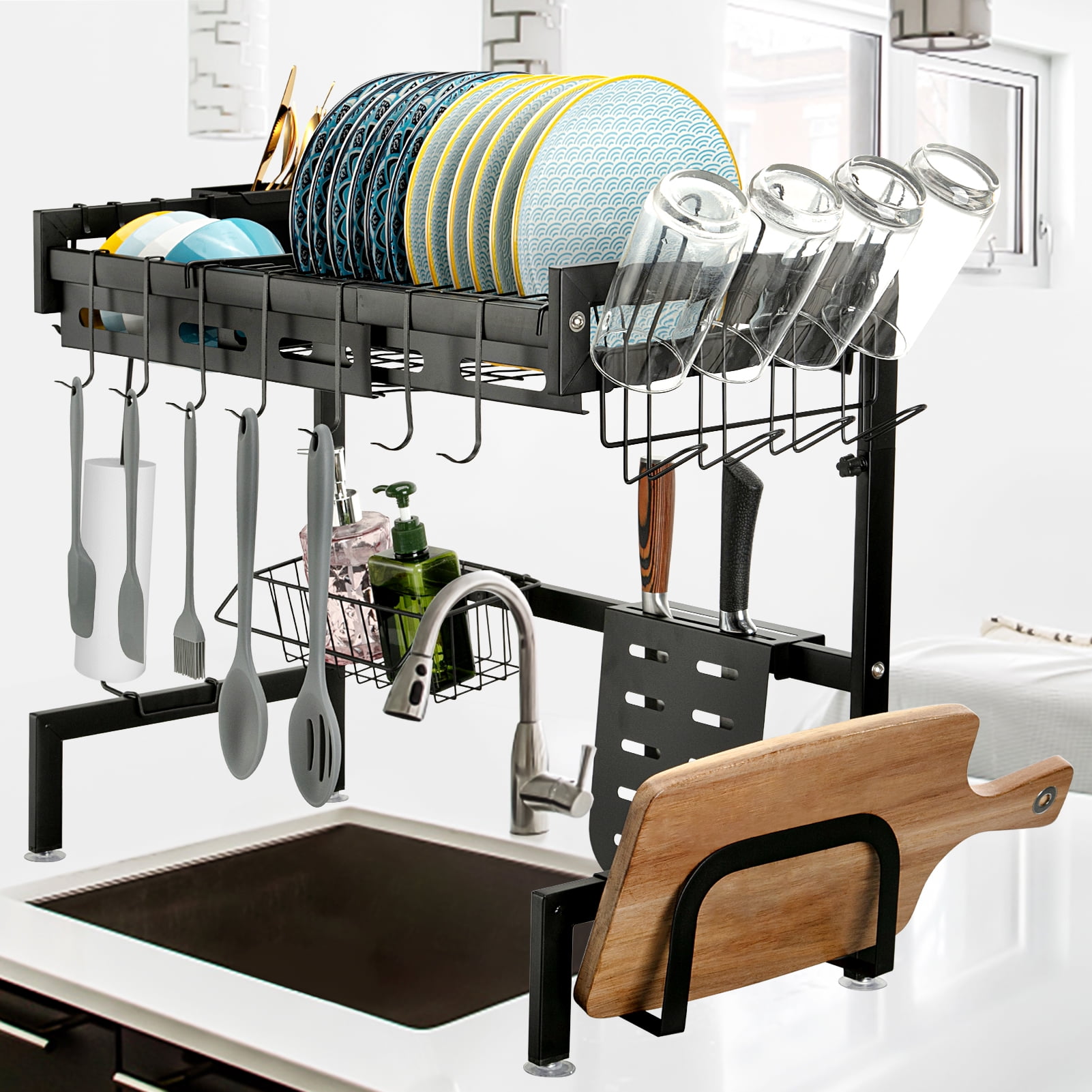 Oyang Over Sink Dish Drying Rack with 6 Free Hooks, Double Thick 304  Stainless Steel Rustproof Dish Drainer with Cutting Board Utensil Holder 