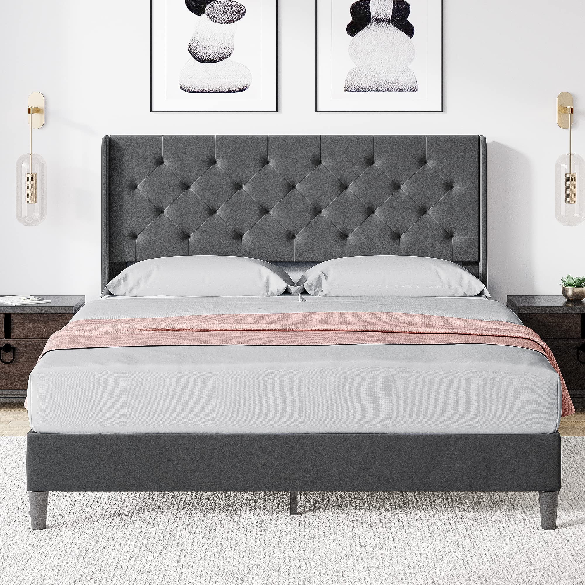 Oyang Queen Bed Frame with Wingback Upholstered Platform Bed with