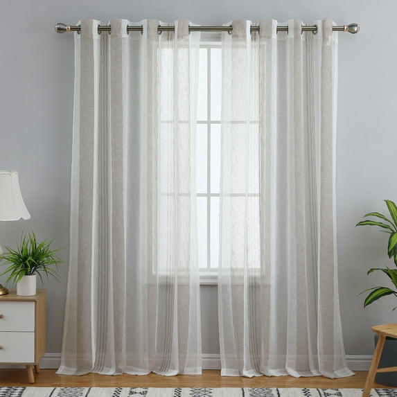 Oyang Sheer Curtains for Living Room Bedroom, Farmhouse Stripe Faux Linen Curtains Voile Drapes Light Filter Curtain, 2 Panels