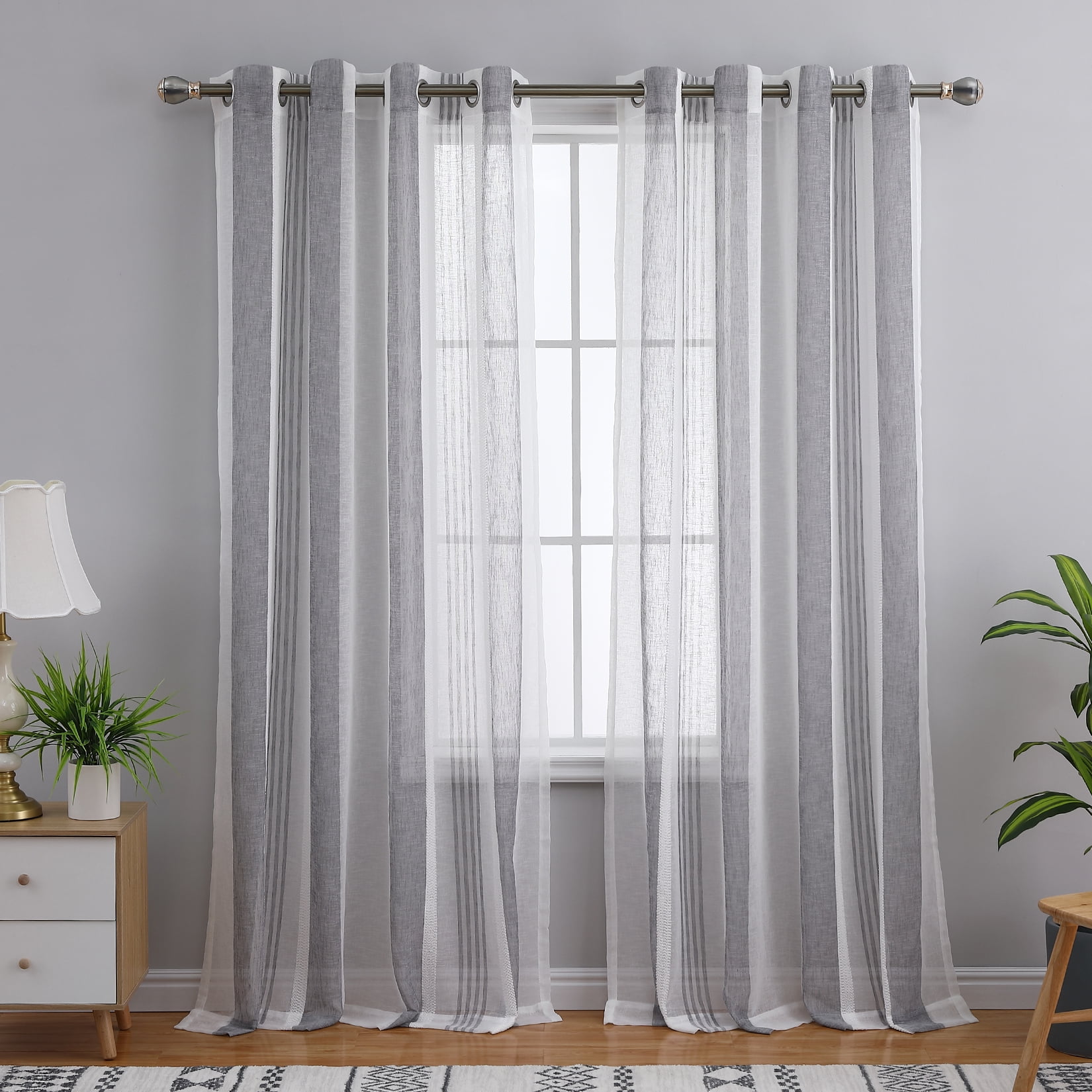 Oyang Sheer Curtains for Living Room Bedroom, Farmhouse Stripe Faux Linen Curtains Voile Drapes