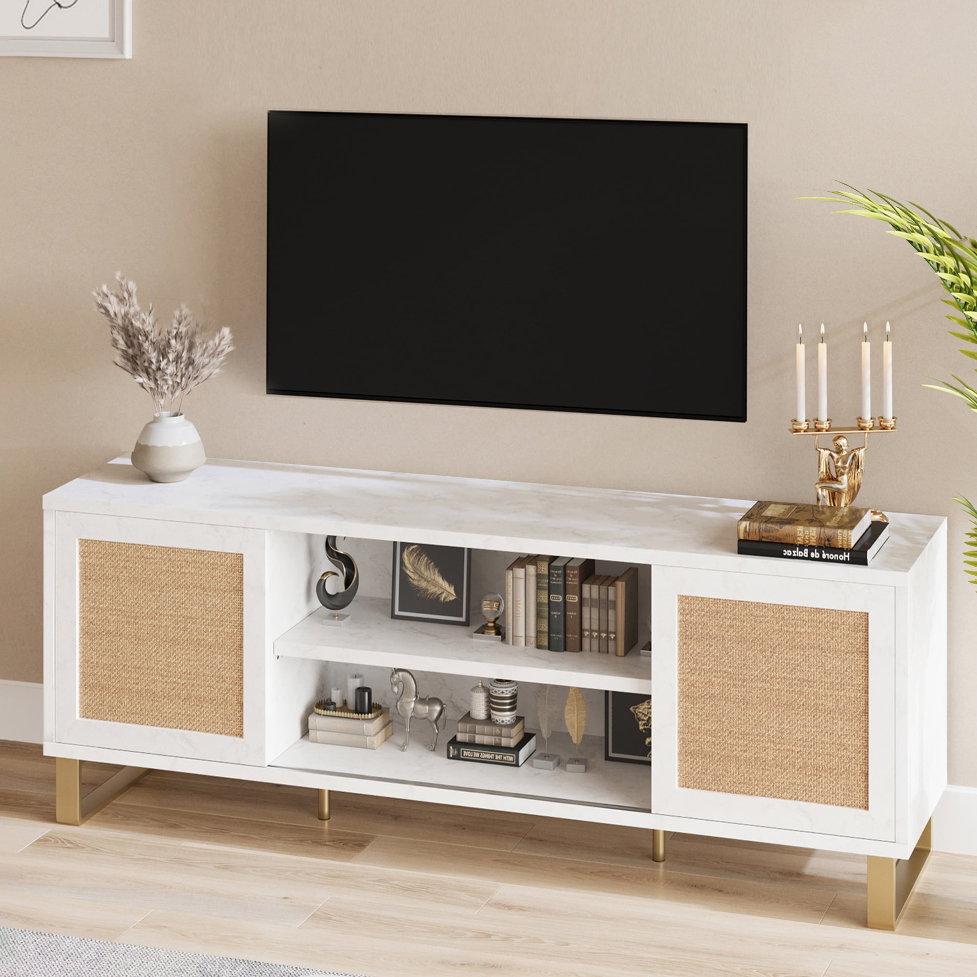 White MDF and Rattan TV Stand with Adjustable Shelves
