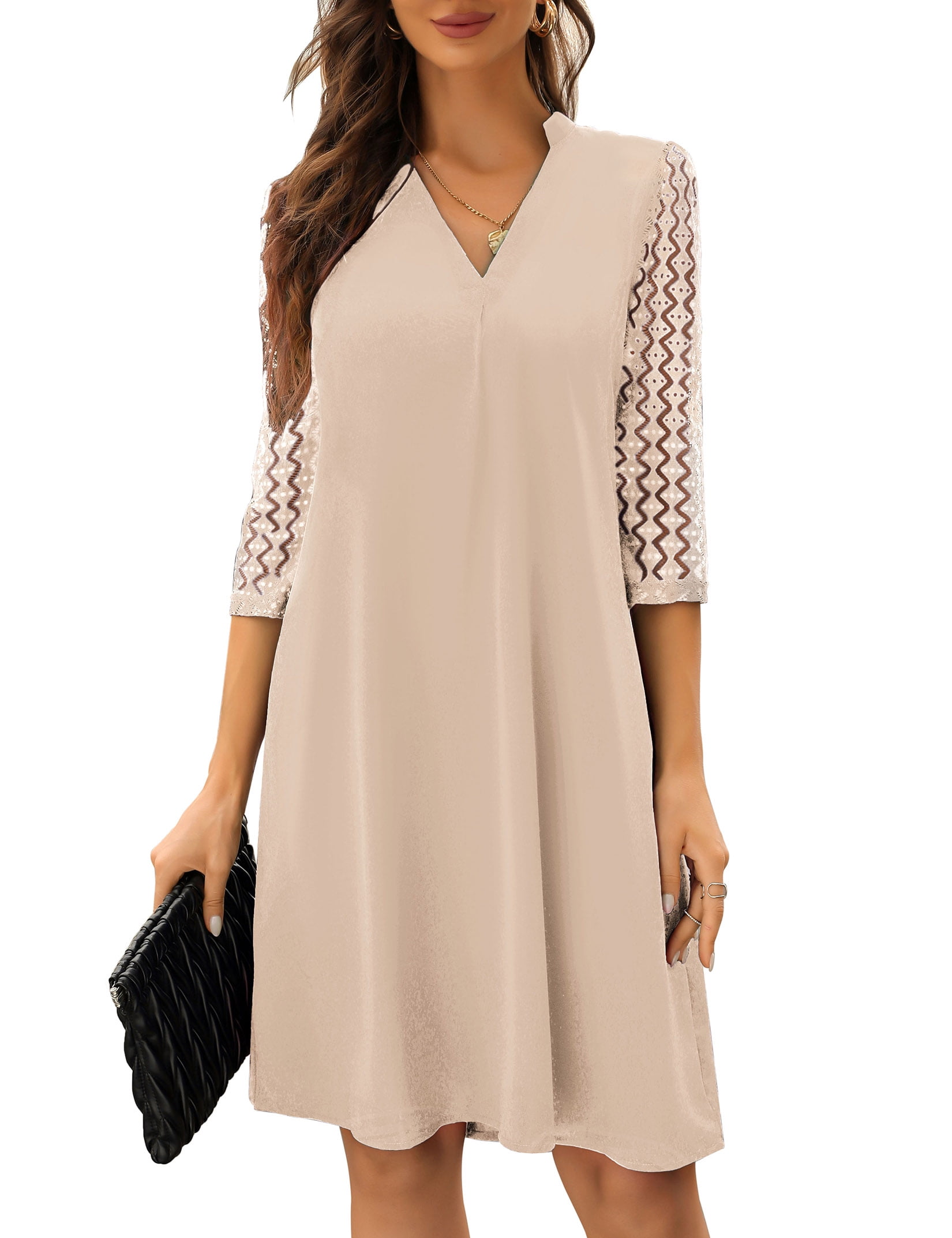 Oyang Women\'s Tunic Dress Lace 3/4 Sleeve Shift Dress V Neck Casual Work  Office Loose Dresses