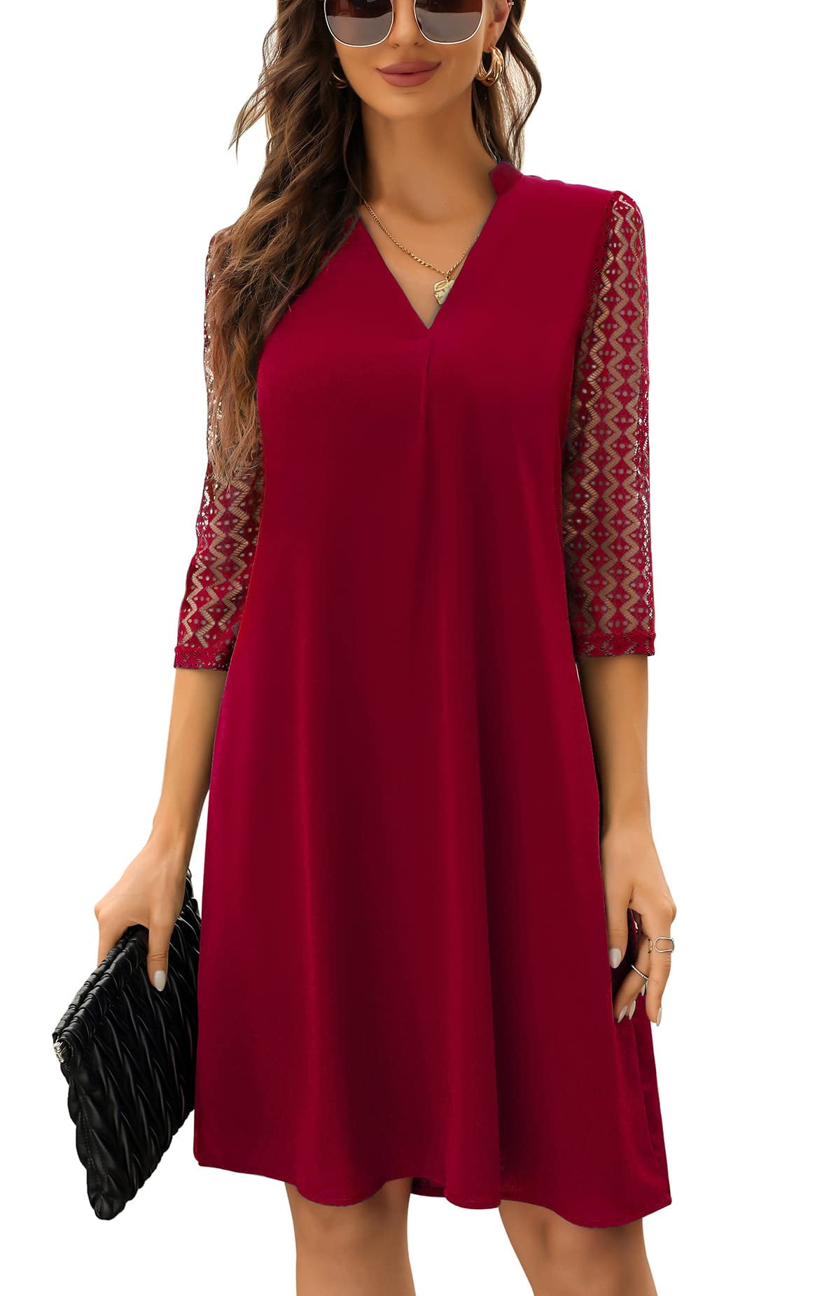 Oyang Women's Tunic Dress Lace 3/4 Sleeve Shift Dress V Neck Casual Work  Office Loose Dresses