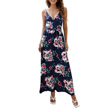 Oyang Womens Summer Deep V Neck Floral Adjustable Spaghetti Strap Sundresses Beach Maxi Dress with Pockets