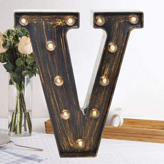 Oycbuzo Golden Black Led Marquee Letter, Industrial Vintage Light Up for Wedding Cafe Birthday Christmas – V