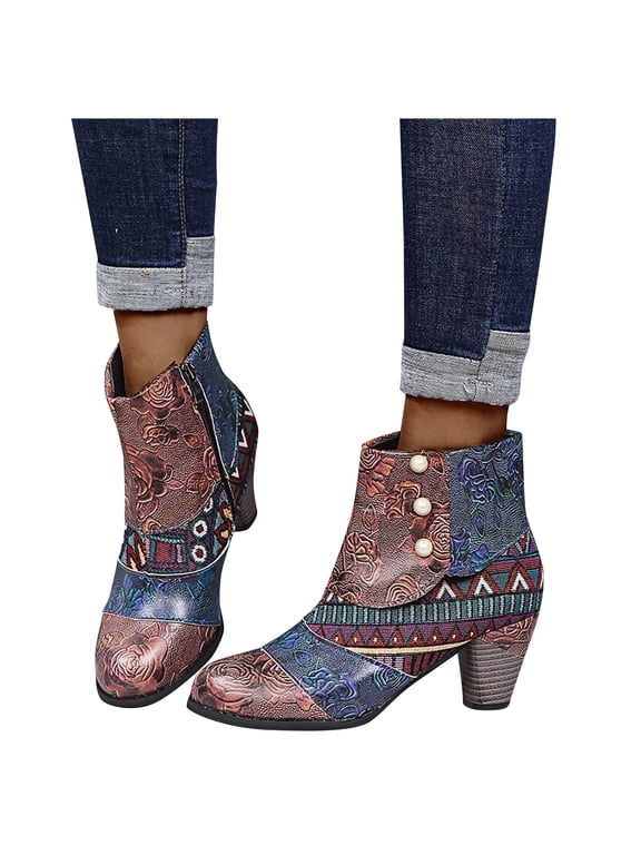 Dress Boots for Women Vintage Boho High Heels Dressy Pump Ankle Booties with Side Zip