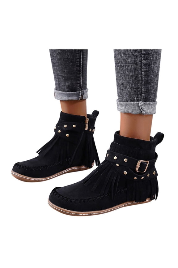 Ankle Boots for Women Boho Fringe Mid Calf Boots Tassel No Heels Winter Short Ankle Booties