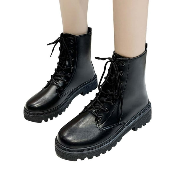 Oyedens Black Combat Boots for Women Fashion Leather 7 Holes Lace up Riding Ankle Booties Casual Shoes