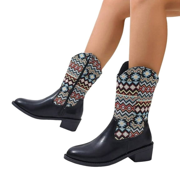 Oyedens Bohemia Mid Calf Cowboy Boots for Women Ethnic Heels Wide Calf Cowgirl Riding Boots