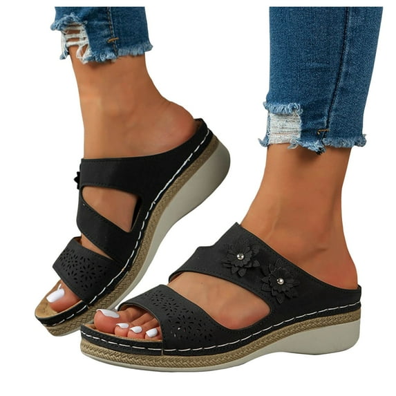 Oyedens Boho Walking Sandals For Women Vintage Roman Leather Flower Slip On Wedge Sandals Comfortable Summer Beach Slides Dress Sandals