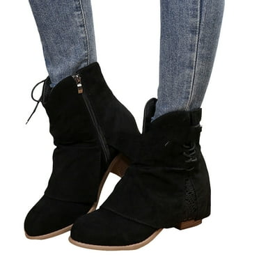 Oyedens Boots for Women 2024 Black Side Lace up Block Heels Ankle Booties Winter Fall Mid Calf Boots