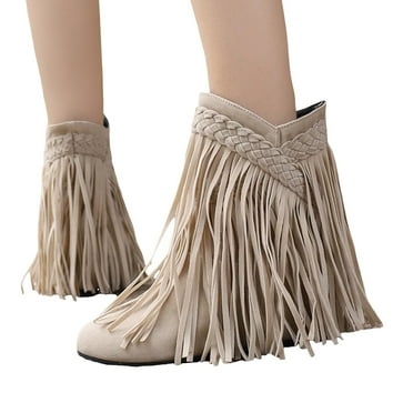Oyedens Boots for Women Bohemia Long Tassel Wide Mid Calf Cowboy Cowgirl Boots Riding Ankle Booties