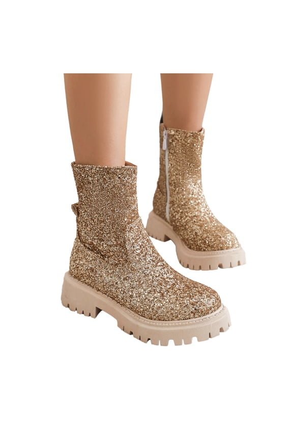 Chelsea Ankle Boots for Women Women's Sequin Glitter Slip on Platform Ankle Booties Christmas