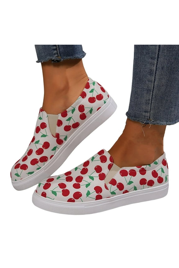 Cherry Slip on Loafers for Women Girls Casual Walking Flats Canvas Shoes Tennis Boat Shoes