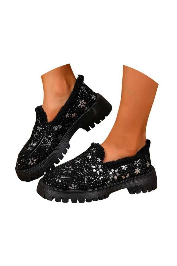 Oyedens Christmas Winter Platform Slip on Loafers for Women with Fleece Lined Warm Snow Ankle Boots